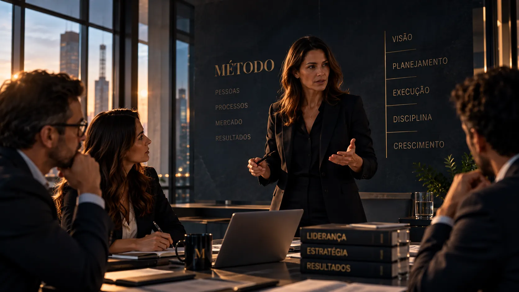 Gestora apresentando a uma equipe de quatro pessoas em uma sala de reunião ao entardecer