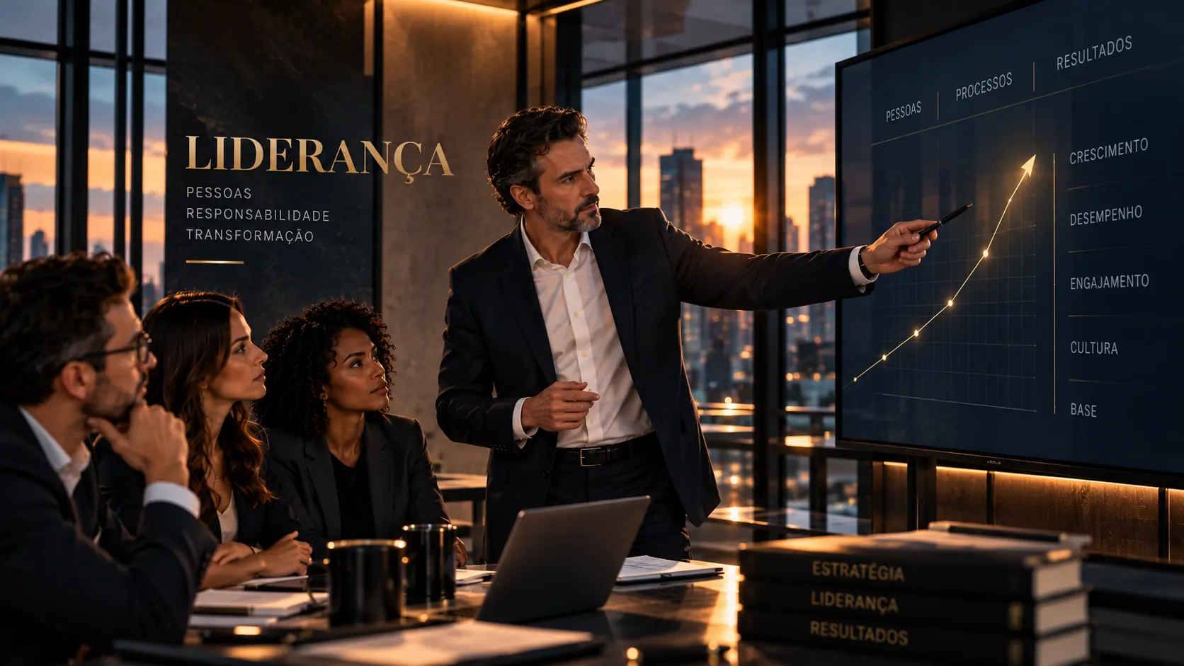 Líder apresentando um gráfico de crescimento a uma equipe em uma sala de reuniões corporativa