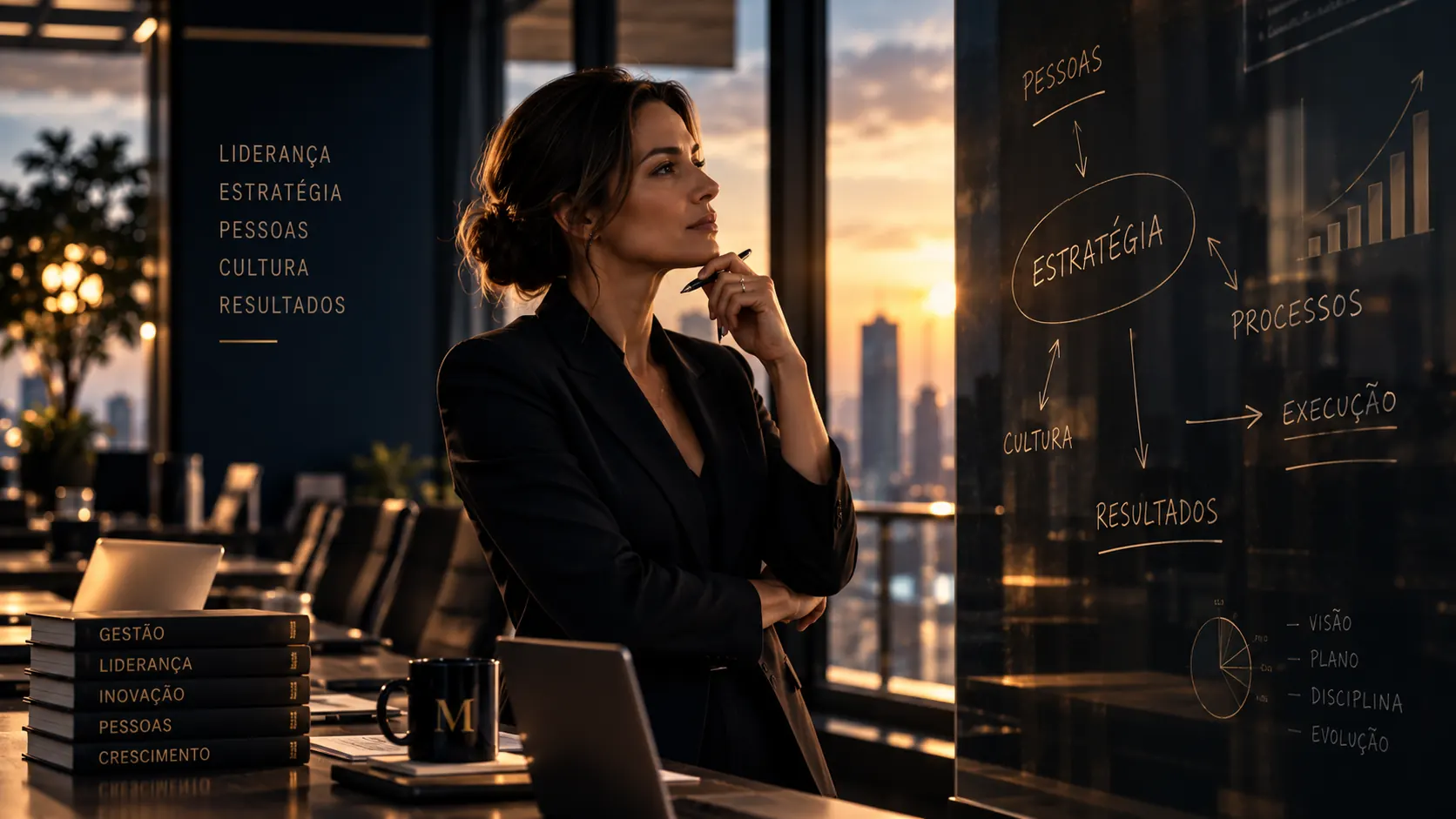 Executiva em frente a um painel de vidro com um diagrama de estratégia — pessoas, cultura, processos e execução conectados por setas