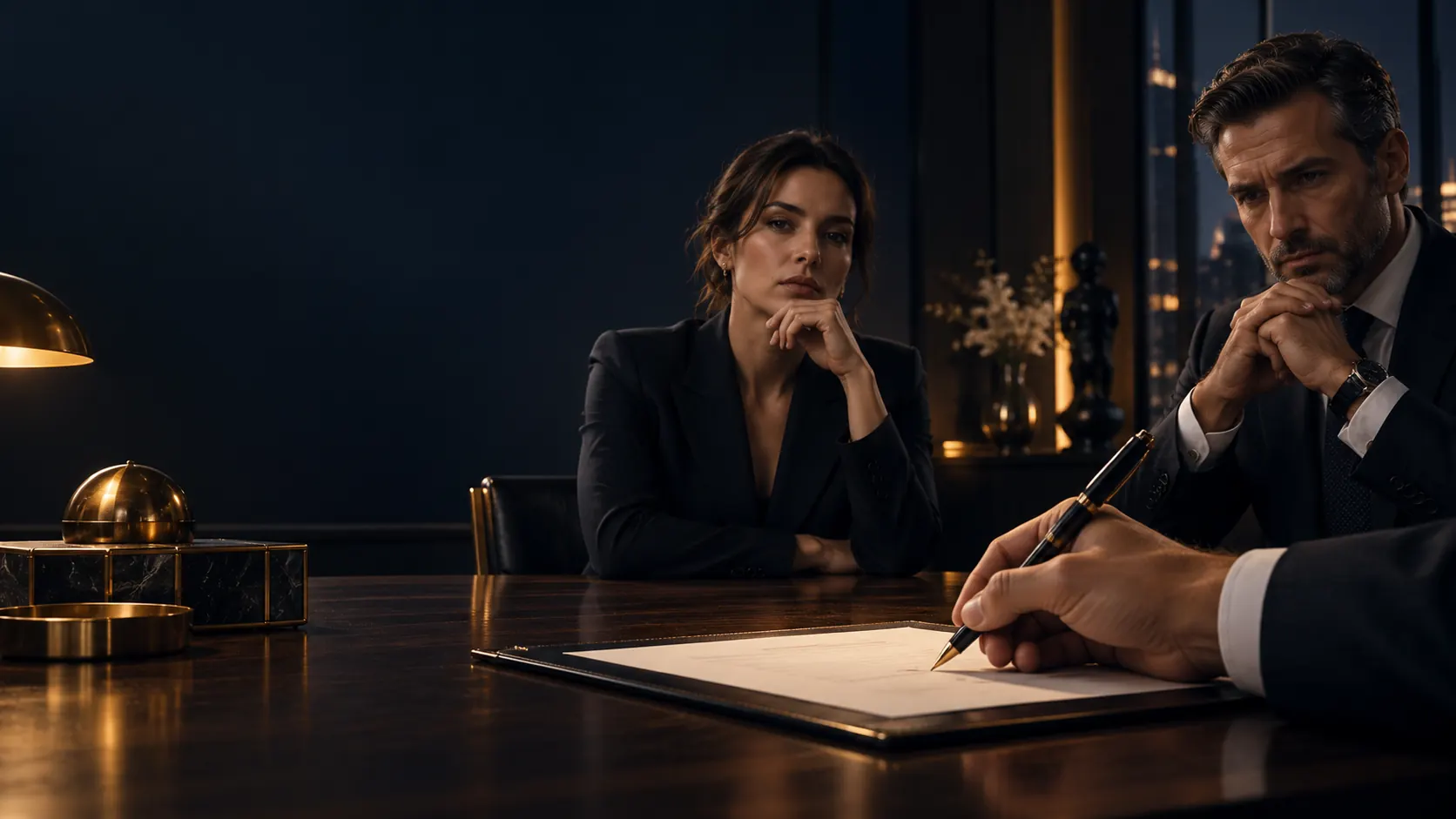 Executivo assinando um documento em uma mesa de reunião com detalhes dourados, colega observando ao lado