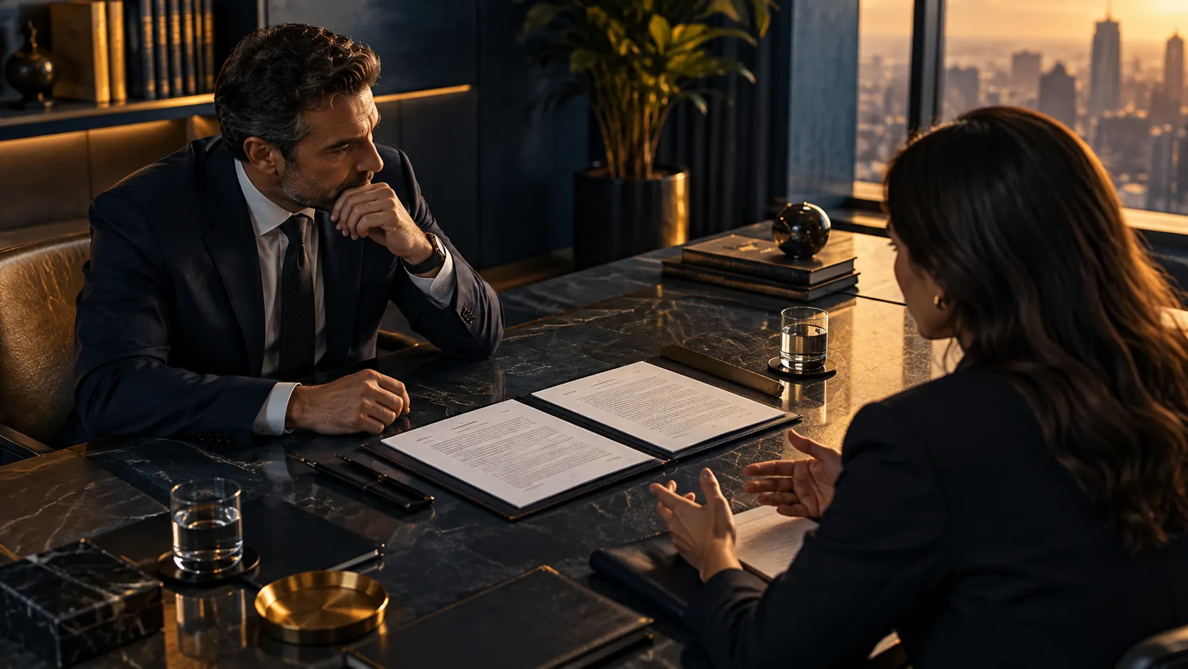 Duas pessoas analisando um documento aberto sobre uma mesa de mármore, com a cidade ao entardecer ao fundo