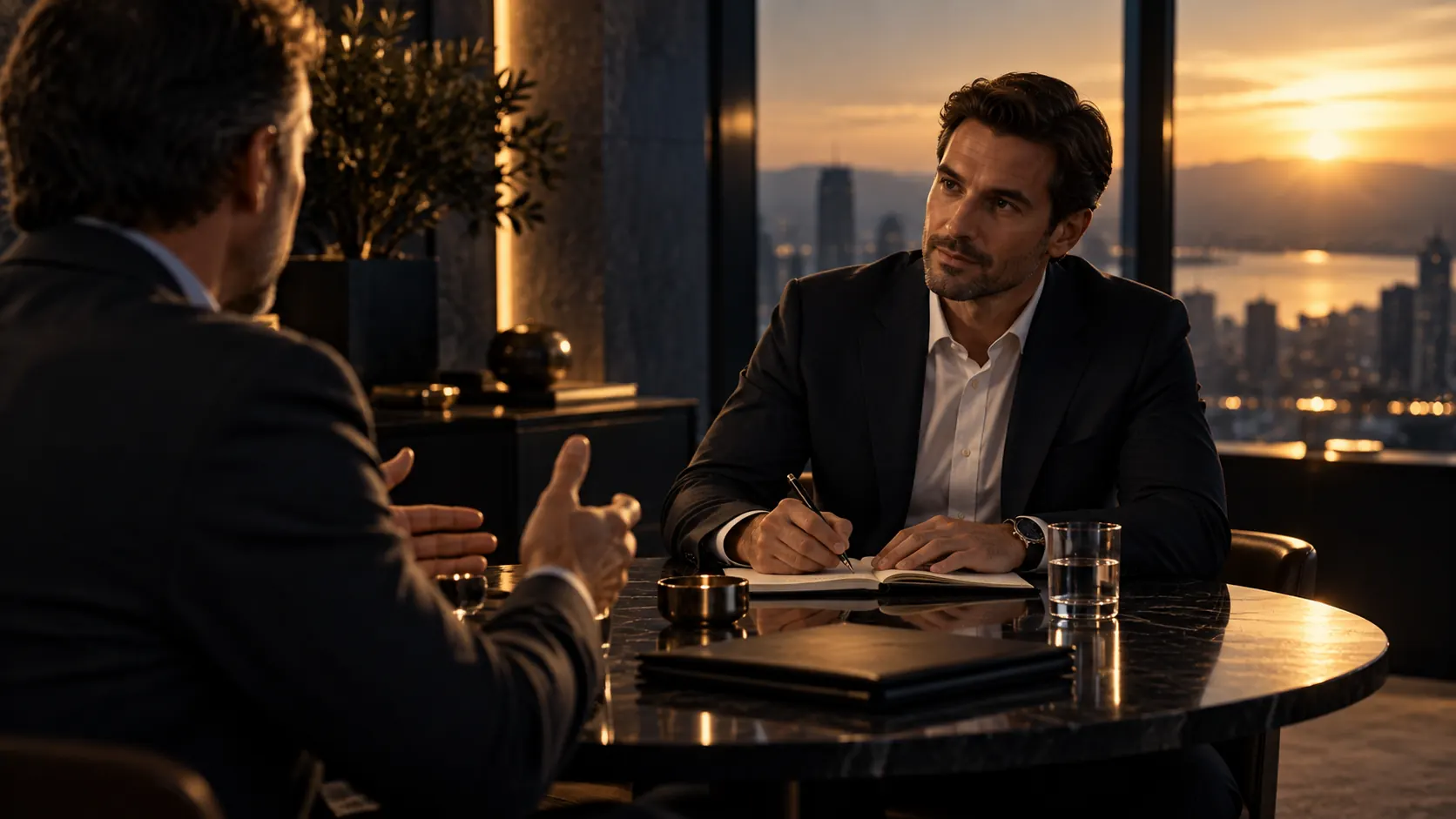 Dois homens em uma mesa de mármore ao entardecer, um deles escrevendo em um caderno, em uma conversa reflexiva