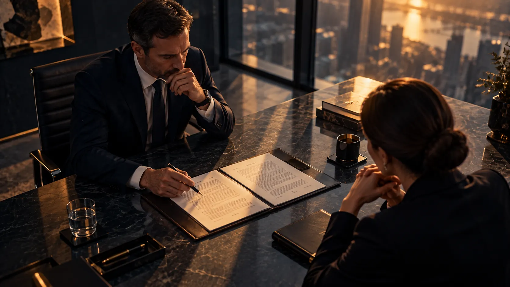 Vista aérea de uma mesa de reunião com dois executivos assinando um documento, ao entardecer
